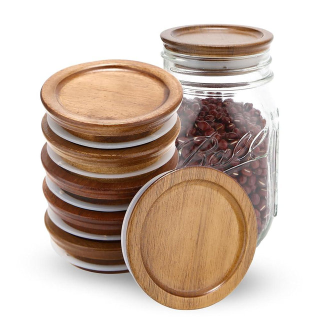 6 Pack Regular Mouth Mason Jar Lids Reusable canning lids Acacia Wooden mason jar Lids with Airtight Silicone Seal, Brown (6PCS Regular Lids)