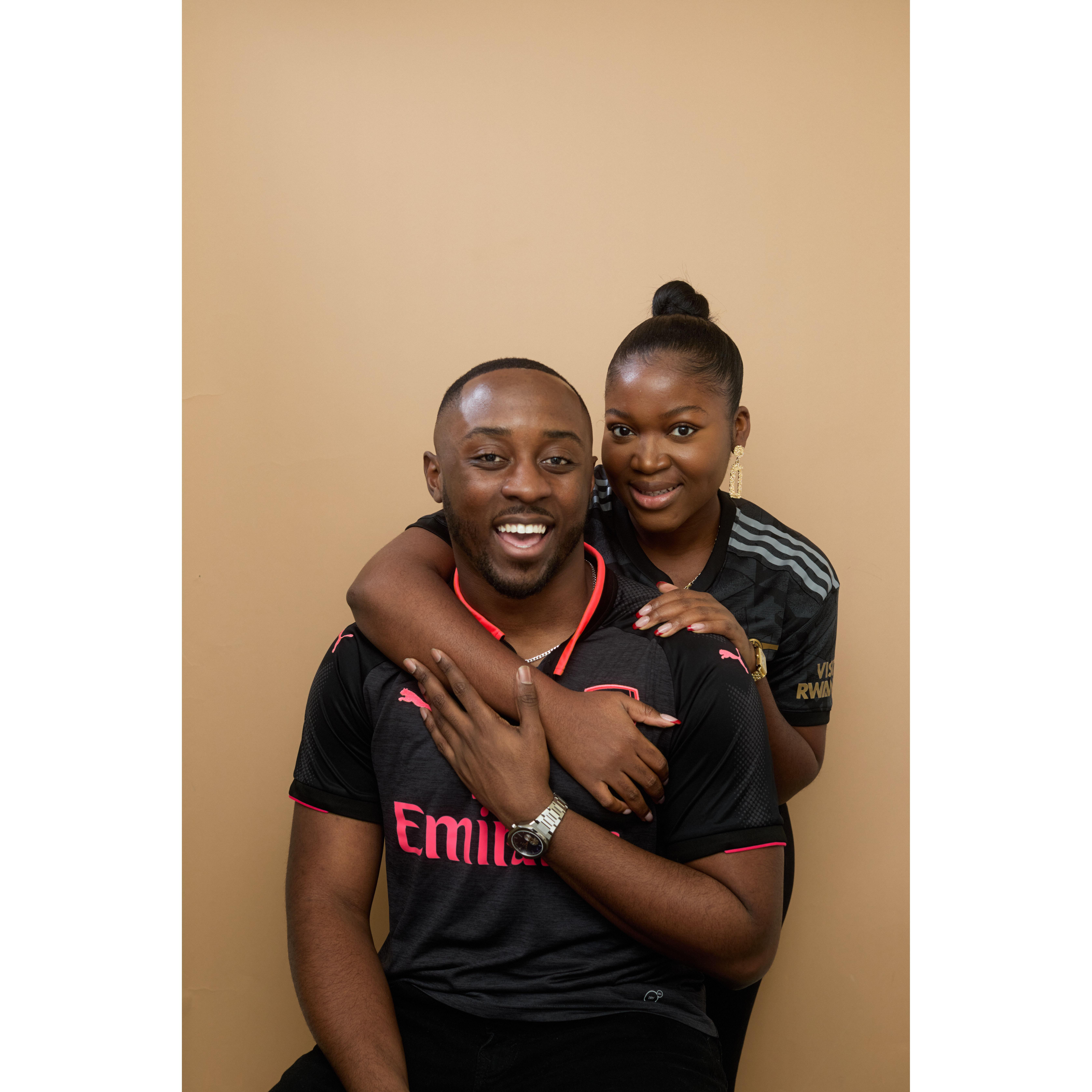 February 2024 – Our First Valentine's Day. Matching Arsenal jerseys and a photoshoot full of laughter, love, and team spirit