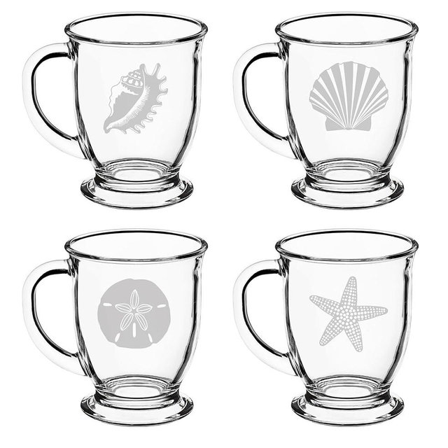 Set of 4 Glass 16oz Coffee Mug Tea Glass Gift Sea Shells Seashore Collection