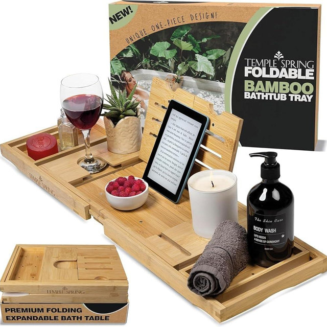Temple Spring Foldable Bathtub Tray, Unique Design Selfcare Bathroom Caddy, Bamboo Spa Bathroom Tray, Wooden Bathtub Accessories, Wedding Gift/Birthday Gift/New Home Bath Table