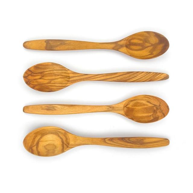 WONDERFUL 100% Natural Olive Wood Spoon, 7 Inch Wooden Spoons for Eating, Perfect for Mustard/Sugar/Salt/Honey/Soup/Tea/Coffee/Smooth/Dessert, Safe & non-toxic Spoons for Kids (4)