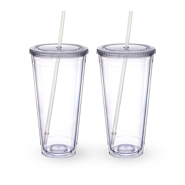 Zukro Clear Acrylic Tumbler with Straw and Lid 32 oz, Double Walled Insulated Reusable Plastic Iced Coffee Cup, To Go Cup Perfect for Parties, Birthdays, Fit in Cupholder, BPA Free, Clear, 2 Pack