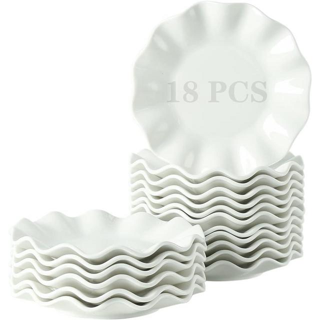 6 Inch Porcelain Appetizer Plates Set of 18, Small Dinner Plates, Dessert Salad Plates, White Wave Shaped Serving Dishes for Cake, Snack, Ice Cream, Waffles, Microwave, Oven, and Dishwasher Safe