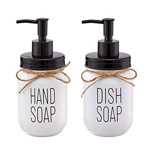 Elwiya Farmhouse Mason Jar Hand Soap Dispenser and Dish Soap Dispenser Set - 16 Ounce Glass Mason Jar with Plastic Pump and Lid - Rust Proof - Rustic Bathroom Accessories &Kitchen Home Decor - 2 Pack