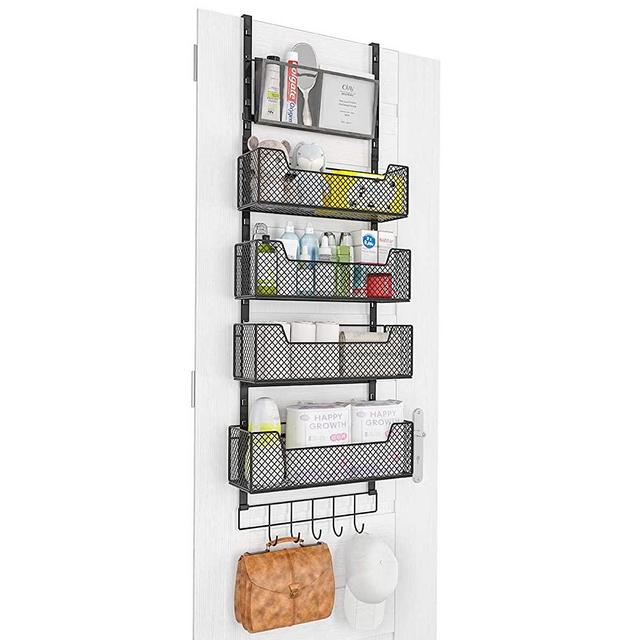 Adjustable Over The Door Organizer, Strong Load-bearing Hanging Door Storage with PVC Pocket and 4 Metal Baskets Wall Mount, Behind Door Organizer for Bedroom Closet Bathroom Pantry Cabinet, Black