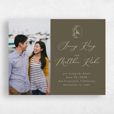 Dark Khaki, Green Wedding Save the Date - Eyota Photo