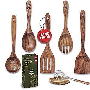 7 Pcs Teak Wooden Kitchen Utensils – Handcrafted Wooden Cooking Utensils Set with Holder, Elegant Wooden Spoons for Cooking & Timeless Utensil Set for Daily Use - Teak Utensils Set for Cooking