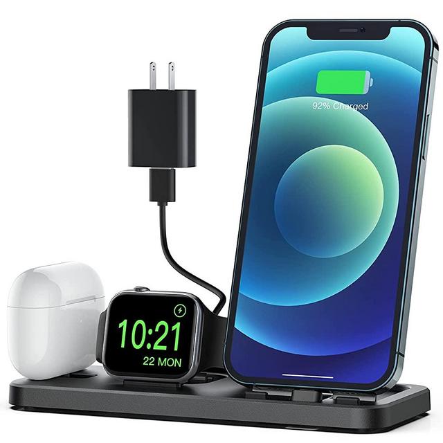 CEREECOO Portable 3 in 1 Charging Station for Apple Products Foldable Charger Stand for iWatch 6/SE/5/4/3/2/1 Charging Stand for iPhone AirPods Pro/2/1 Charging Dock Holder(with 10W Adapter)-Black