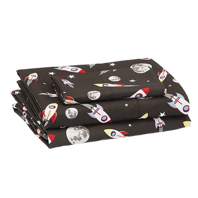 Amazon Basics Kids Space Rockets Soft, Easy-Wash Microfiber Sheet Set - Twin, Space Grey Rockets