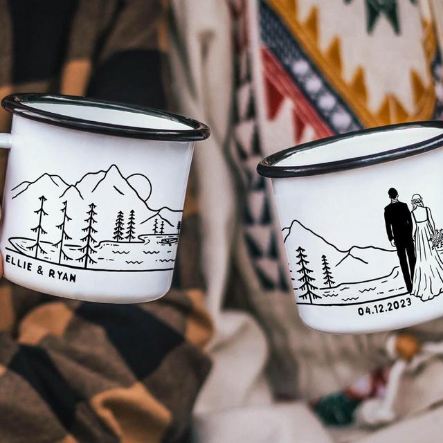 Wedding Gifts Unique Wedding Engagement Gifts Anniversary Gift Camp Cup Enamel Mug -2 Grooms / 2 Brides / Bride + Groom ONE Double Sided Mug