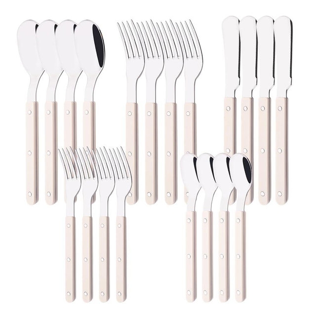 Uniturcky 20 PCS Stainless Steel Flatware Set for 4, Silverware Set with Colored Handles, Retro Style Forks Spoons and Knives Set, Vintage Eating Utensils, Beige Acrylic Handle with Rivets Design