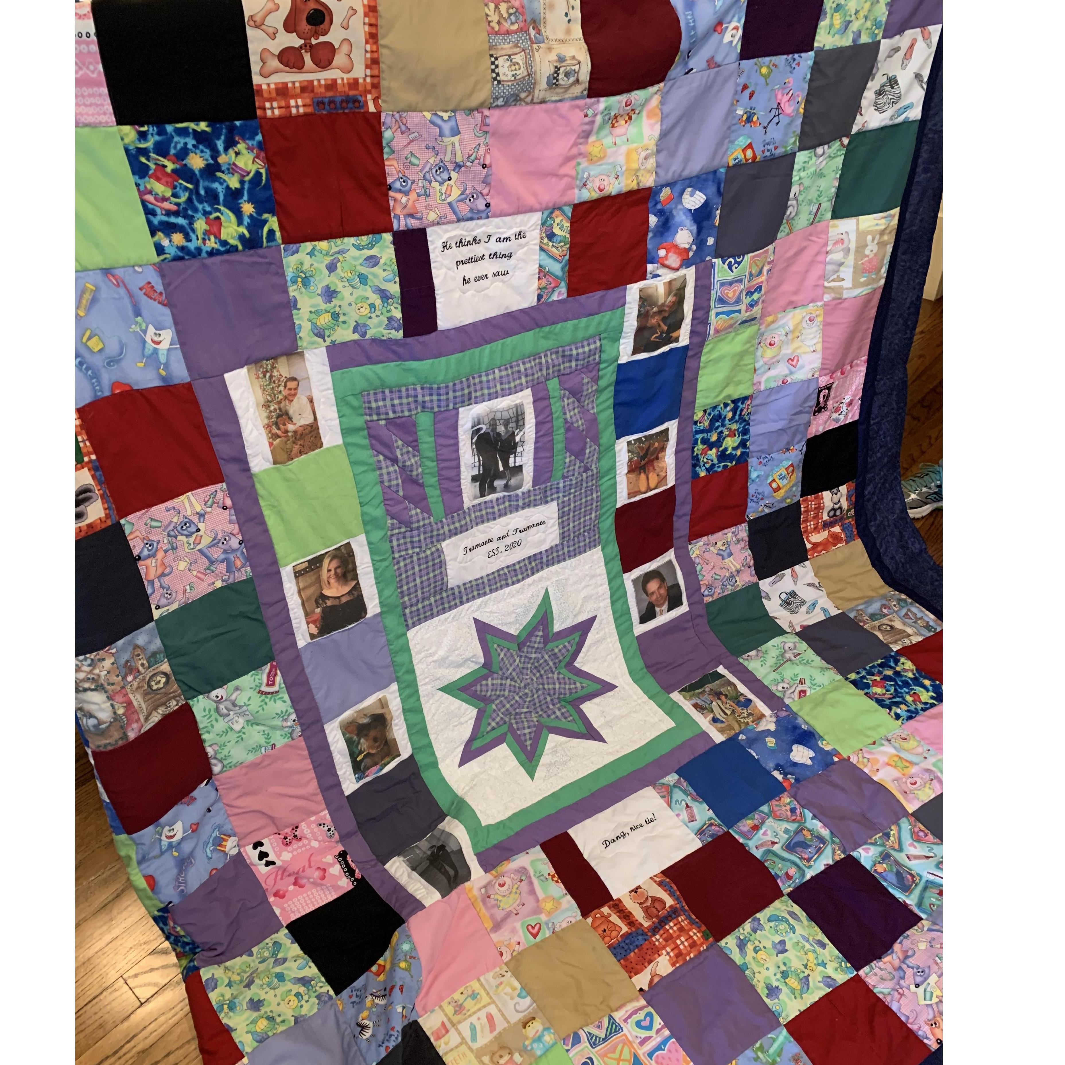 Wedding quilt. Designed and made by Karen of Custom Quits in Heights, Michigan. This was made from my old dental scrubs. Some of which, were over 25 years old. Karen is very talented.