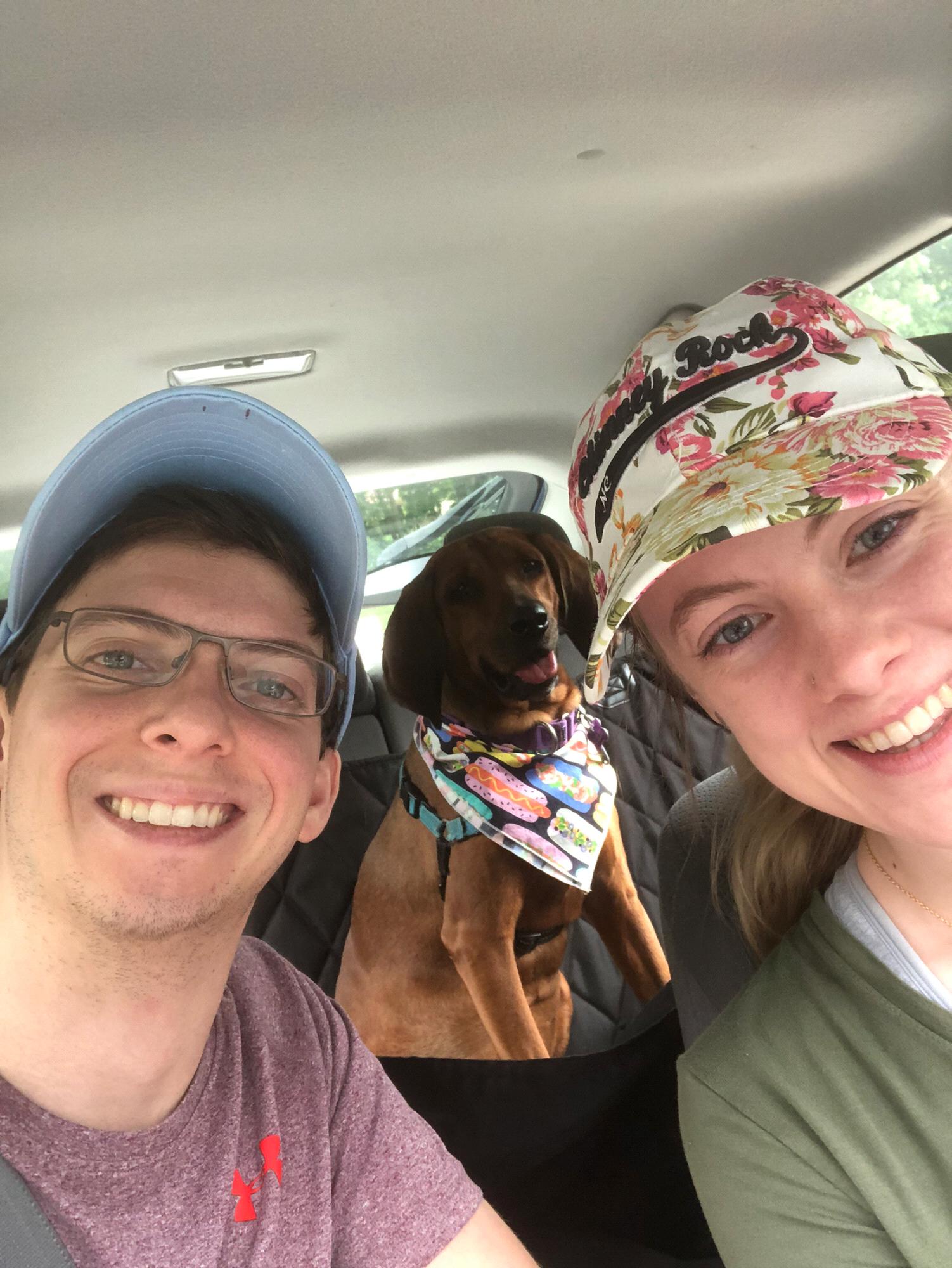 On the way to hike at Umstead State Park with Ruby. June 2020.
