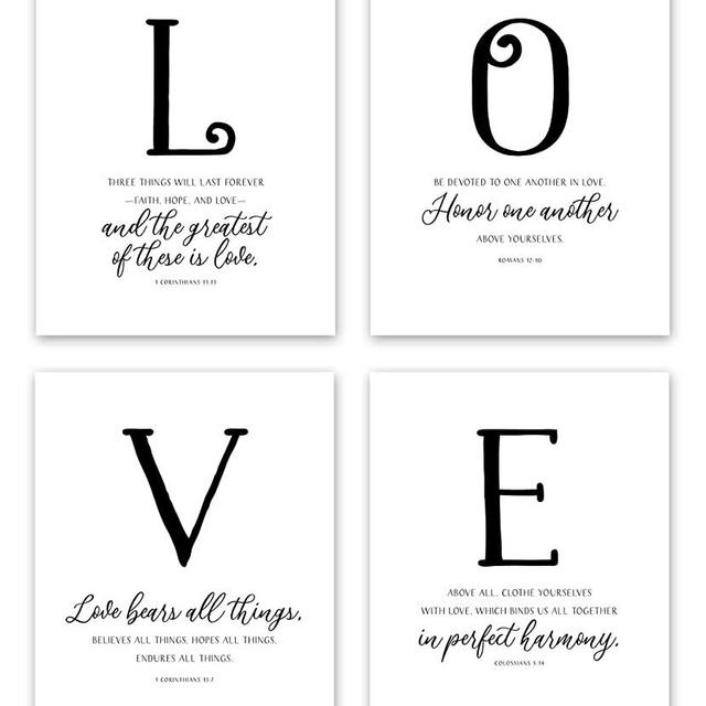 LOVE Wall Decor - Inspirational Scripture Wall Art - Hand Lettering Bible Verses Wall Decor - Christian Wall Decor (4 Piece Wall Art Set: 1 Corinthians 13 Wall Art, Romans 12 10) (8x10 Unframed)