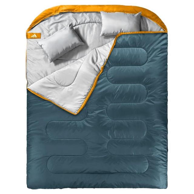 MEREZA Double Sleeping Bag for Adults Mens with Pillow, XL Queen Size Two Person Sleeping Bag for All Season Camping Hiking Backpacking 2 Person Sleeping Bags for Cold Weather & Warm