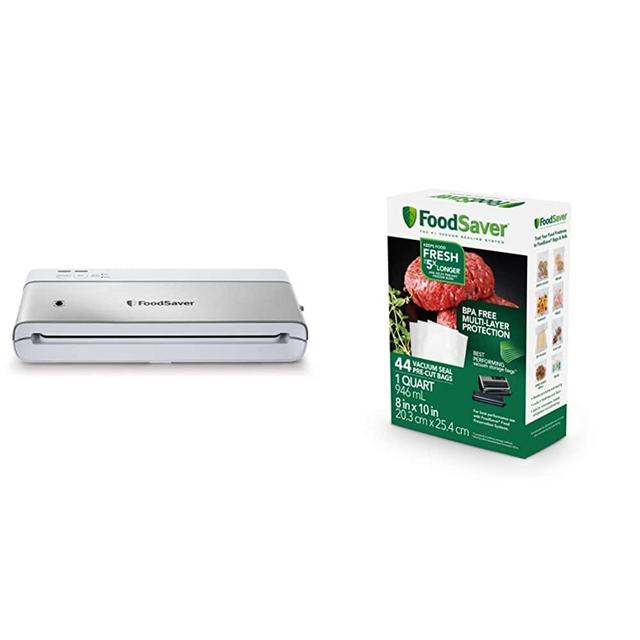 FoodSaver VS0160 PowerVac Compact Vacuum Sealing Machine, White & 1-Quart Precut Vacuum Seal Bags with BPA-Free Multilayer Construction for Food Preservation, Freezer Bags & Sous Vide Bags, 44 Count
