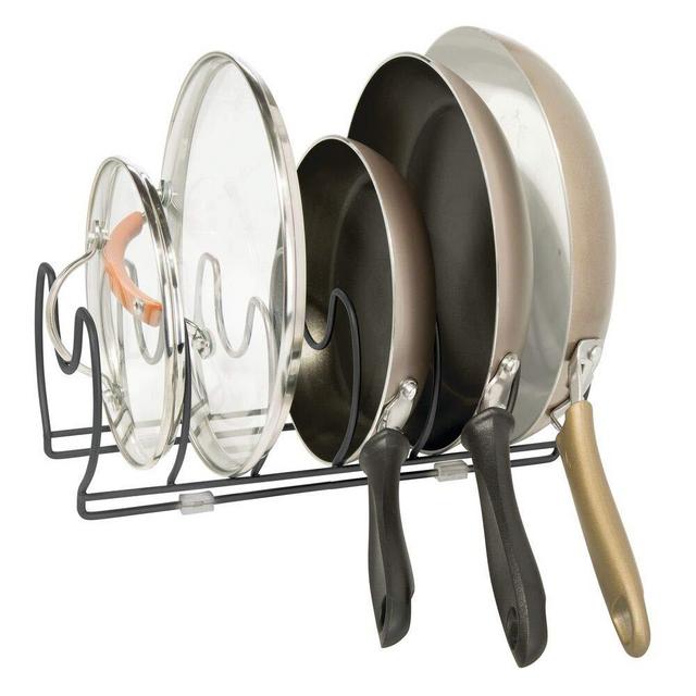 mDesign Metal Wire Pot/Pan Organizer Rack for Kitchen Cabinet, Pantry Shelves, 6 Slots for Vertical or Horizontal Storage of Skillets, Frying or Sauce Pans, Lids, Baking Stones - Black