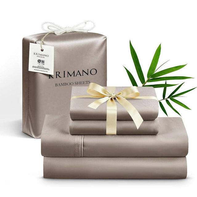 KRIMANO Queen Size Sheet Set, Bamboo Sheets for Bed Set 4pcs, 100% Organic Viscose Derived from Bamboo, Hotel Luxury Silky & Cooling for Hot Sleepers, Deep Pocket Up to 17", Taupe