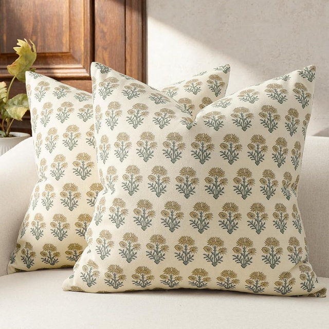 DKwizme Farmhouse Floral Pillow Covers 18x18 Set of 2, Country Botanical Throw Pillow Cover for Sofa Couch Bed Living Room, Rustic Vintage Flower Cushion Covers Cottage Home Decor,Olive Yellow