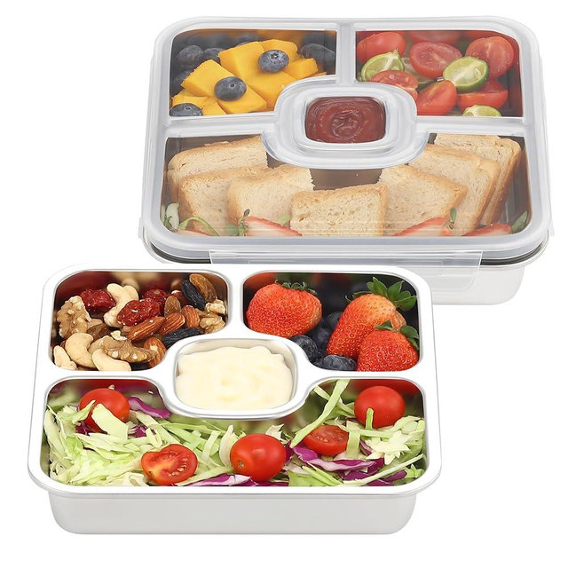 Stainless Steel Snack Containers with Lids 2 Pack Bento Lunch Meal Prep Containers Reusable Lunchable Containers for Adult/Kid Divided Stackable for Home Office, Picnic, Travel, Beach(2, Gray, Large)