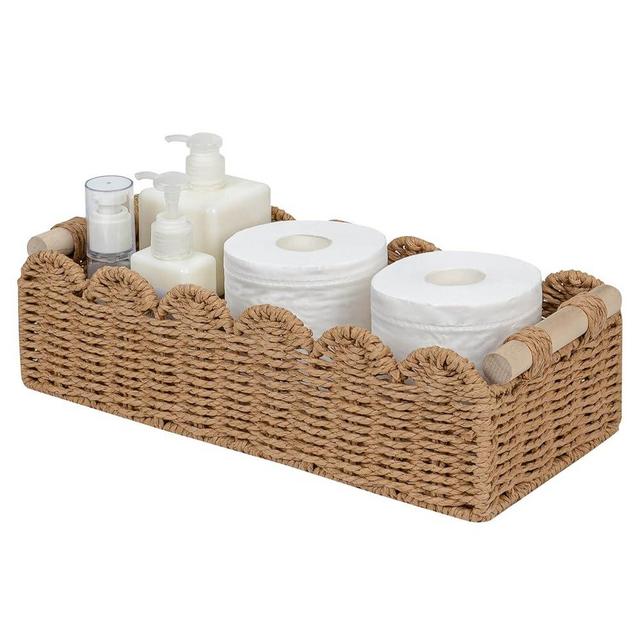 CubesLand Paper Rope Small Basket Bin Idea for Toilet&Home Storage and Organization, Stylish&Handmade Toilet Paper Basket with Wood Handle for Toilet Tank Top Shelves, Scalloped Edge Natural Basket