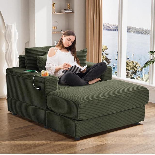 ONEMMLION Oversized Chaise Longue Chair Indoor with Ottoman, 42" W Corduroy Upholstered Modern Deep Seat Sofa Couch with USB Charging Ports&Cup Holder, Comfy Reclining Chair for Living Room, Green