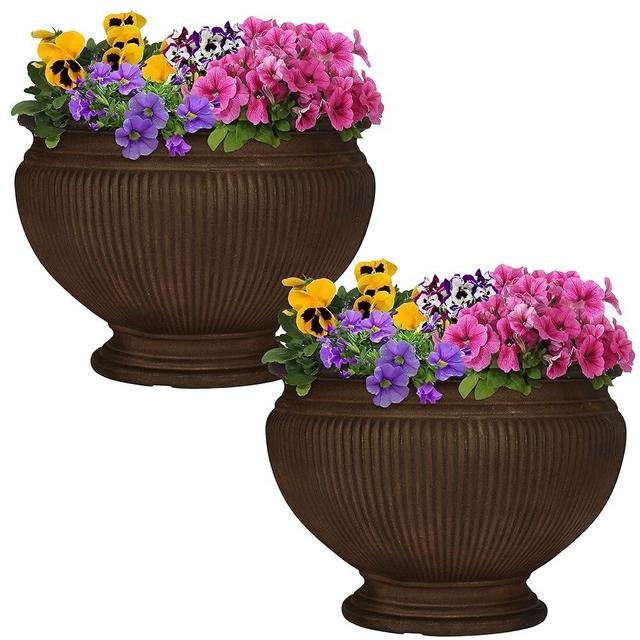Sunnydaze Elizabeth 16" Double-Walled Polyresin Ribbed Urn Outdoor Planter - UV-Resistant Rust Finish - Set of 2
