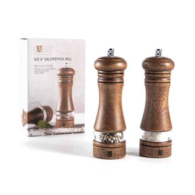 JF JAMES.F Wooden Salt and Pepper Grinder Set, 6.5 inch Rubber Wood Salt and Pepper Mills Set of 2 with Acrylic Visible Window & Adjustable Ceramic Rotor