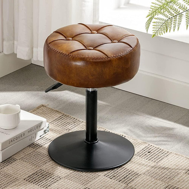 LUE BONA Adjustable Vanity Stool, 360°Swivel Vanity Chair Stool for Makeup Room, Brown Stool Chair for Vanity, Small Faux Leather Vanity Stool for Bathroom, Living Room