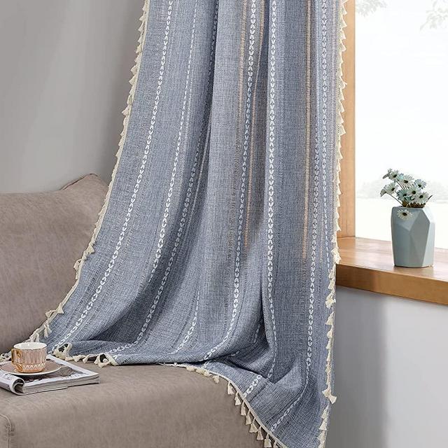 RoomTalks Boho Curtains for Bedroom Living Room 84 Inch Length Light Blue Country Farmhouse Cotton Linen Window Curtain Panels Embroidery Striped Bohemian Tassel Draperies (84’’L x 52’’W, Blue)