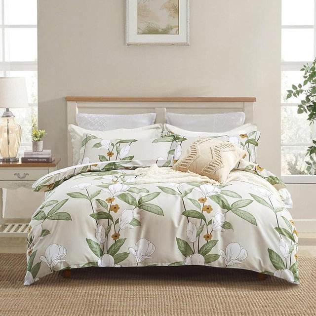 ALEISSEL Pale Moss Green Botanical Cotton Comforter King Size - 3PC Lightweight Bedding Sets with Ultra-Soft Alternative Fill, Floral Design with Leaf & White Magnolias (1 Comforter, 2 Pillowshams)