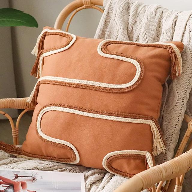 Jonhier Boho Throw Pillow Covers, Handmade Modern Farmhouse Decorative Cushion Case with Tassels, Bohemain Neutral Accent Cotton Woven Pillow Case for Couch, Sofa or Bed (18'' x 18'', Orange)