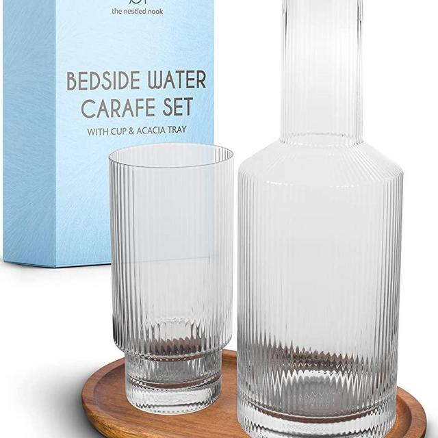 Bedside Water Carafe Set with Glass - Pitcher with Drinking Cup and Acacia Wood Tray for Nightstand - Large 27oz. Capacity Makes Staying Hydrated Easy