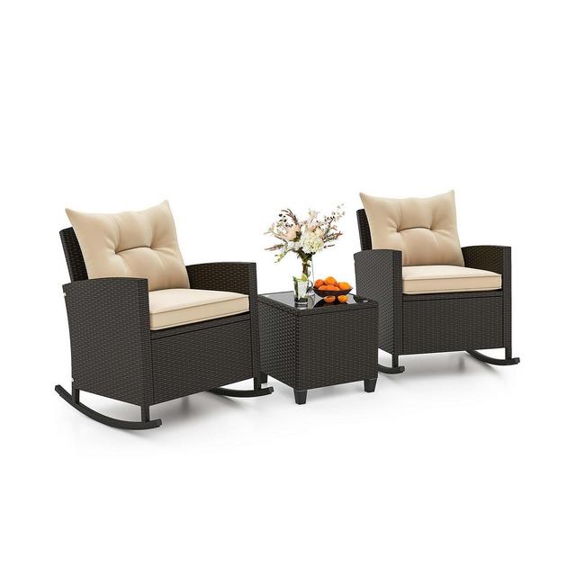 Costway 3 PCS Patio Wicker Rocking Set with Tempered Glass Table & Soft Cushions Outdoor