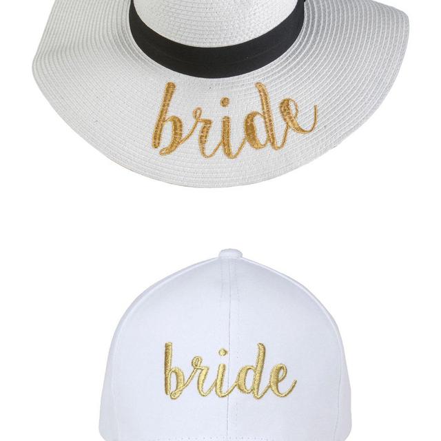 H-1718-B-WG-0902 Sun Hat Baseball Cap Bridal Bundle - Bride White - White/Gold Cap)