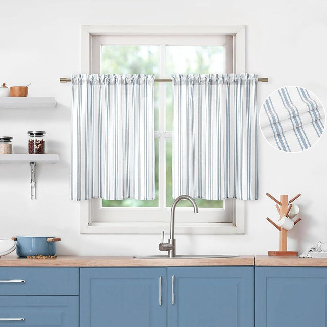 ZJDECOR White Farmhouse Kitchen Curtains Cotton Blended Tier Curtain with Blue Stripes,Light Filtering Country Cafe Curtains for Kitchen Bathroom RV Windows,Rod Pocket,27"Wx36"L(Pack of 2),Blue/White