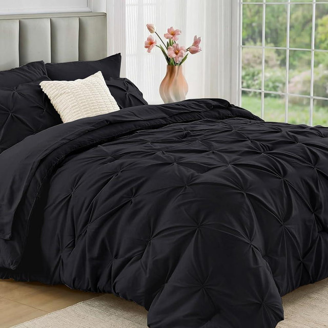 JOLLYVOGUE King Size Comforter Set 7 Pieces - Bed in a Bag King for All Season, Pintuck Bedding Comforter Sets with Comforter, Flat Sheet, Fitted Sheet and Pillowcases & Shams, Black