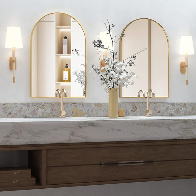 NEUWEABY Wall Mounted Mirror, Arched Wall Mirror for Bathroom, 20"x30" Arch Bathroom Mirror with Metal Frame, 2 Piece Gold Vanity Mirror Decor for Bedroom, Entryway, Living Room
