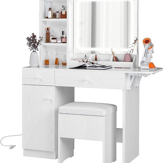 IRONCK Vanity Desk with LED Lighted Mirror & Power Outlet, Makeup Table with Drawers & Cabinet,Storage Stool,for Bedroom, White