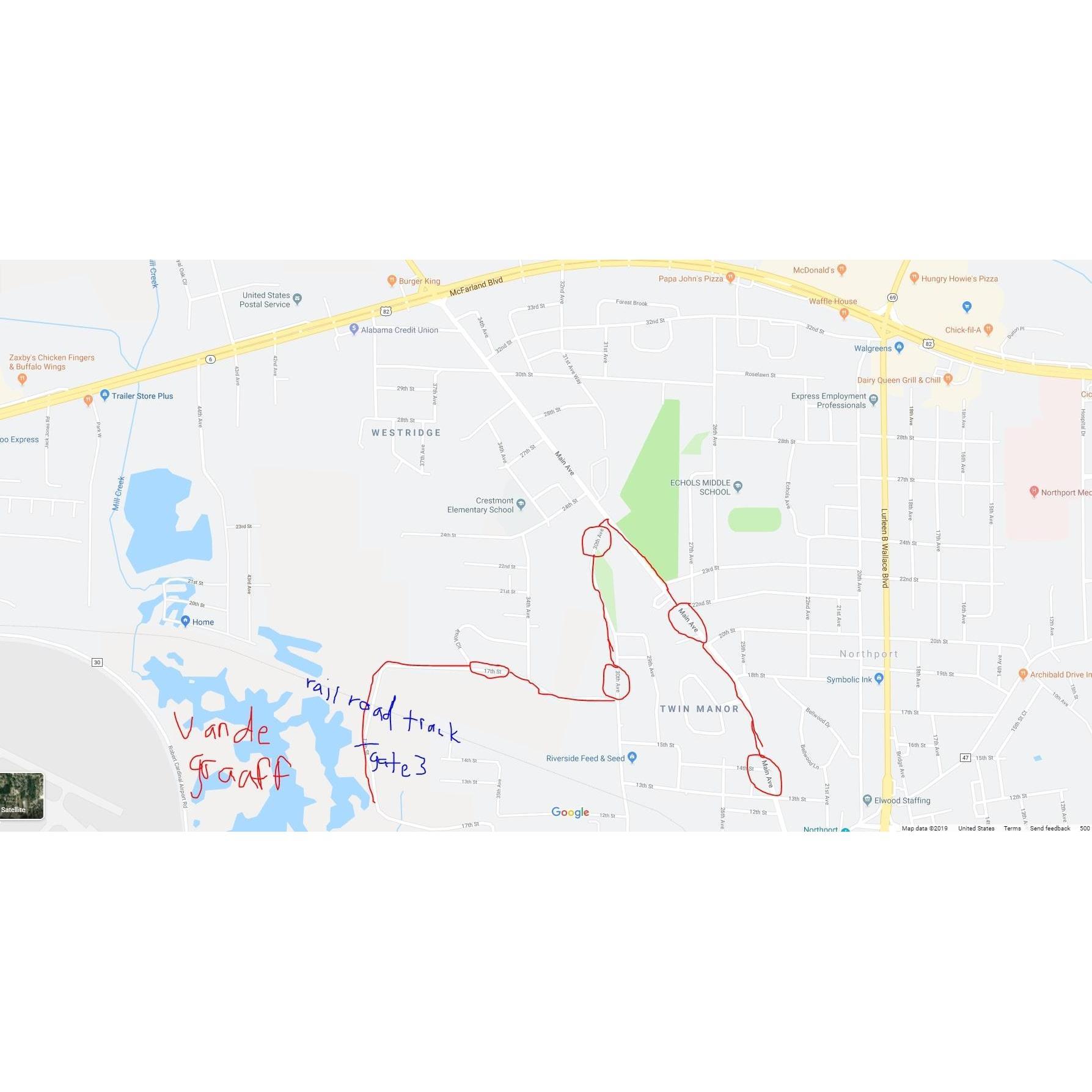 To Gate 3 from Downtown Northport, 69 South, Downtown Tuscaloosa, Interstate.