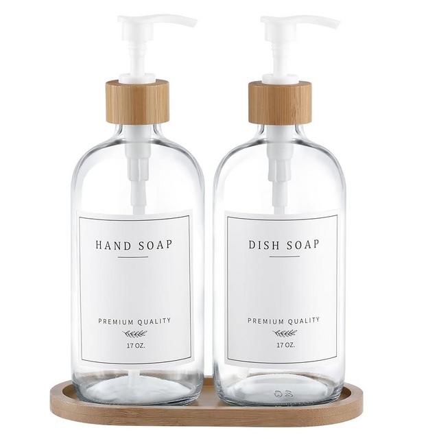 Clear Glass Soap Dispenser - Dish Soap Dispenser for Kitchen and Hand Soap Dispenser Set, Soap Dispenser Bathroom with Sturdy Pump and Tray, 14 Waterproof Labels,Refillable Soap Dispenser-Clear