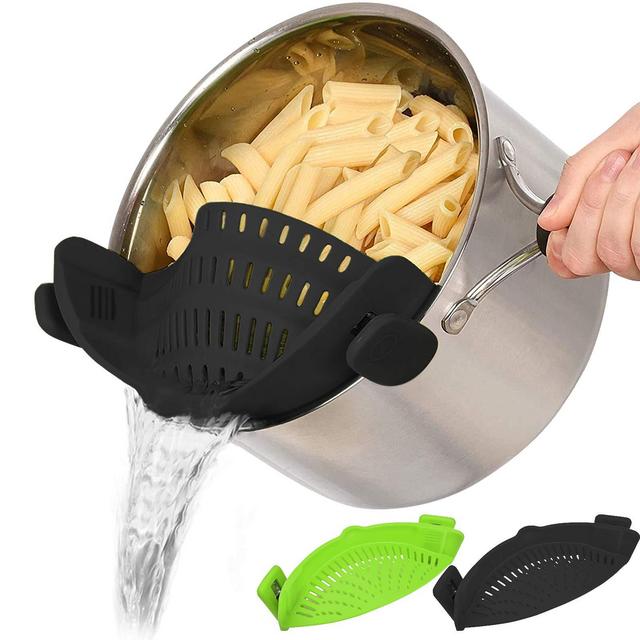 Snap Strainer, 2 PACK Silicone Food Strainers Heat Resistant Clip On Strain Strainer Rice Colander Kitchen Gadgets Drainer Hands-Free For Pasta, Spaghetti, Ground Beef, Universal Fit All Pots Bowls