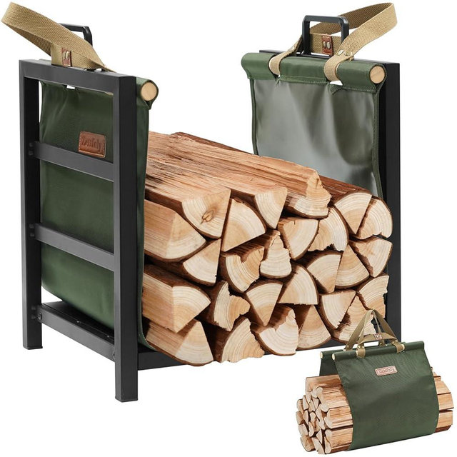 Zettfuly Firewood Rack Indoor Outdoor with Firewood Carrier, Fireplace Wood Log Holder Heavy Duty Metal, Indooor Firewood Holder for Fireplace Wood Storage, 16 inch, Green