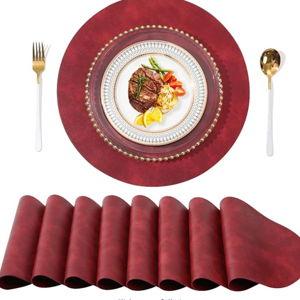 UnivoColors PU Leather Placemats Set of 8,15 Inches Round Washed Cowhide Pattern Table Mats for Dining Table, Kitchen, Party Decoration(Retro Red)
