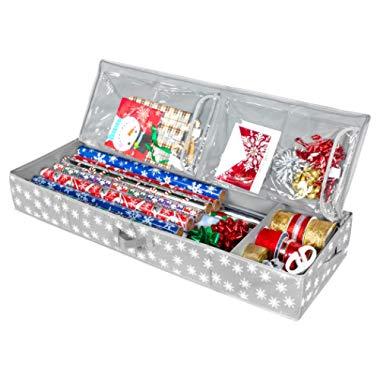 Christmas Storage Organizer - Wrapping Paper Storage and Under-Bed Storage Container for Holiday Storage of Gift Bags, Wrapping Paper, Ribbon, and Bows (Grey/White Snowflake)