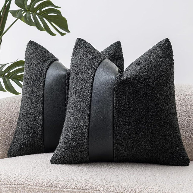 SINYASAN 18"x18" Charcoal Black Boucle Throw Pillow Covers with Faux Leather Accents Set of 2 Fluffy Textured Decorative Pillow Cases for Couch Bed Boho Farmhouse Square Cushion Covers for Nordic Home