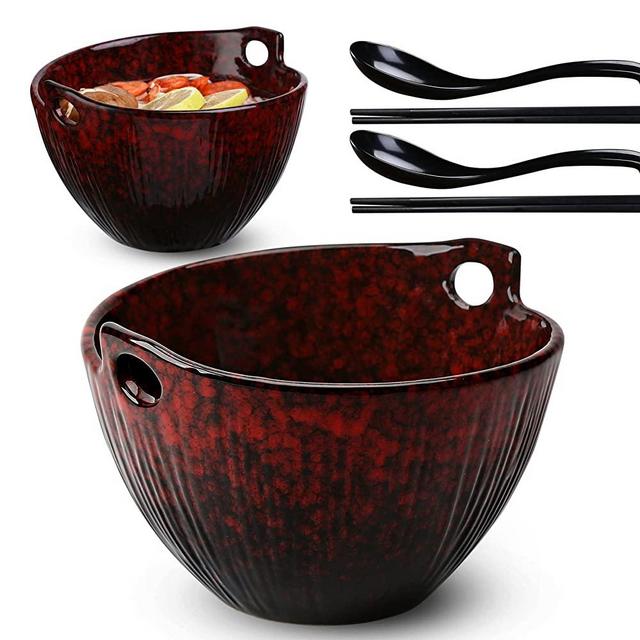 Ramen Bowl Set with Chpsticks and Spoons, Ceramic Noodle Bowl Set 6 Pieces, Dishwasher Safe for Pho Udon Soba Noodle Salad Pasta, Special Reactive Glazed Crimson Bowls Set, JH JIEMEI HOME