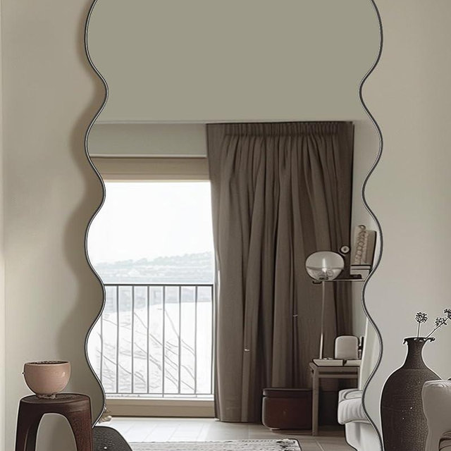 Antok Full Length Mirror, 76"x34" Wavy Mirror Full Length with Stand for Bedroom, Living Room Cloakroom, Black