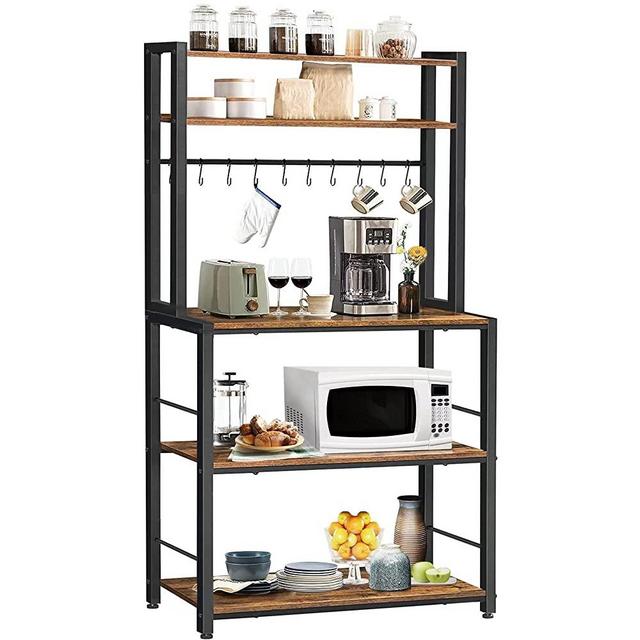 Kitchen Bakers Rack, Coffee Bar, Microwave Oven Stand, 5-Tier Kitchen Utility Storage Shelf, Spice Rack, Organizer Workstation with 10 Hooks, Stable Metal Frame ,Easy Assembly, Rustic Brown BR01BB017