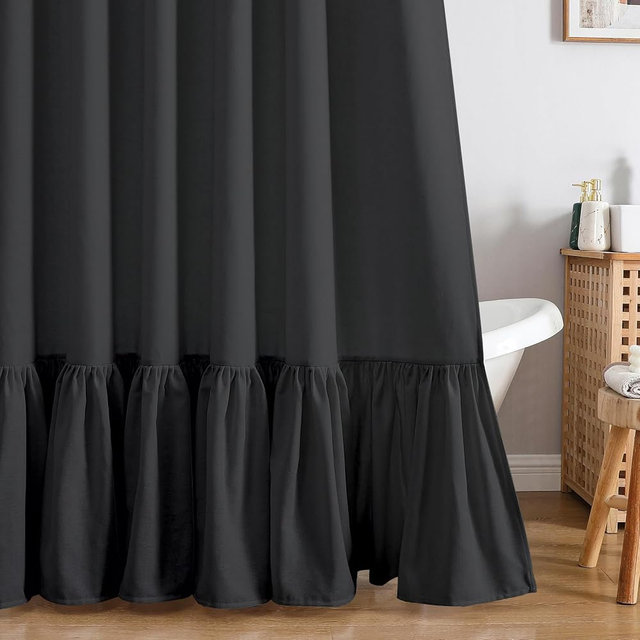 QiyI Boho Shower Curtain with Ruffle Hem, Farmhouse Linen Shower Curtains for Bathroom, Ruffled Shower Curtain Set, Country Rustic Natural Fabric Bath Curtain, Black, 72 x 72